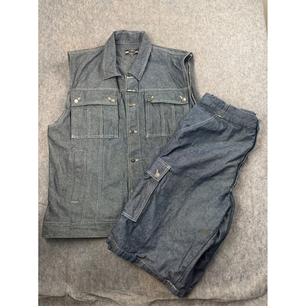 Barcode Denim Vest Cargo Shorts Set Mens XXL Blue Cotton Utility Streetwear Y2K